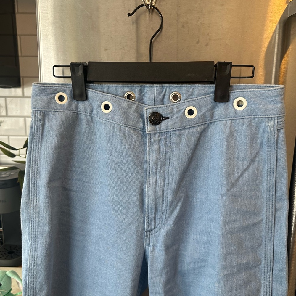 Rag And Bone Powder Blue Denim Cropped Raw Detailed Hem, Grommets‎ Around Waist